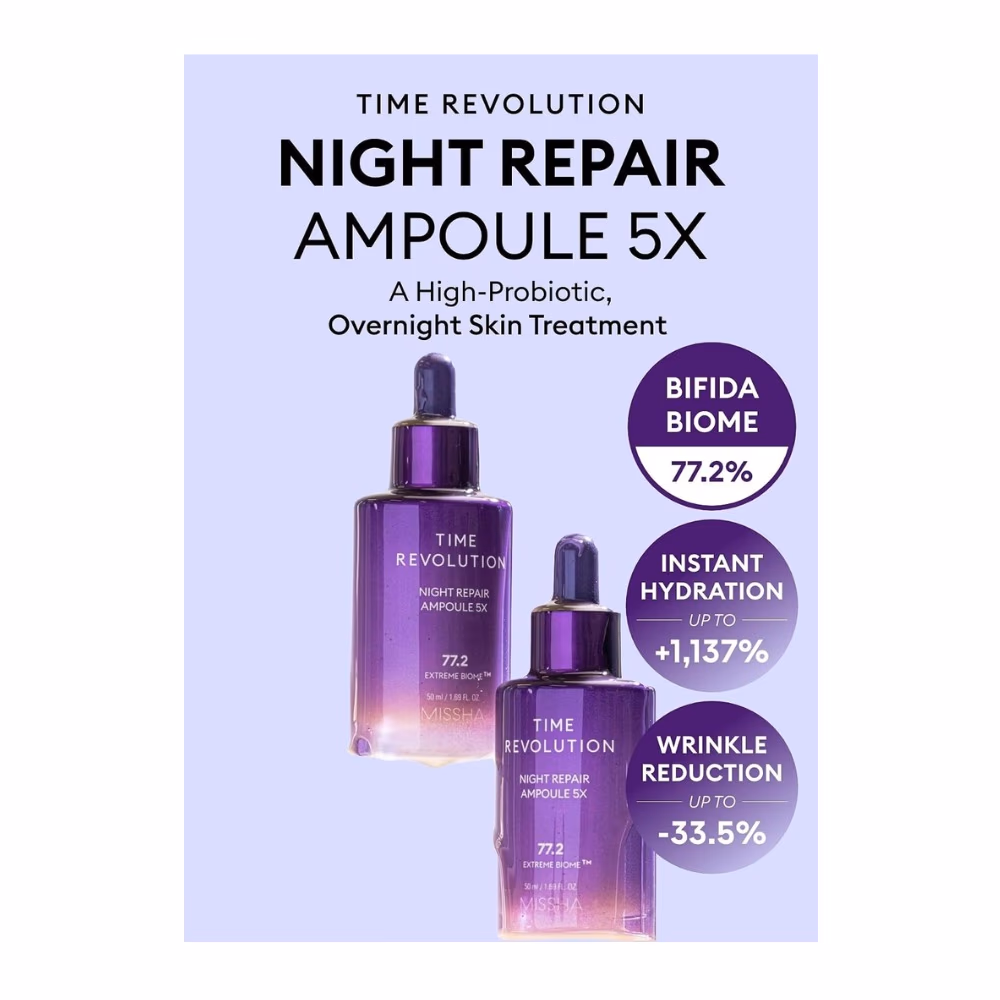 Missha Time Revolution Night Repair Ampoule 5X 50ml – 77.2% Extreme Biome & 10 Probiotics | Overnight Anti-Aging Treatment 4
