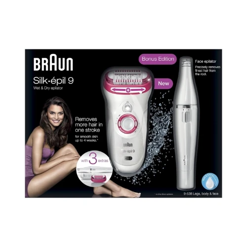 Braun Silk-épil 9 9-538 Bonus Edition - Wet & Dry Cordless Epilator with 2 Extras, Including a Face Epilator 2