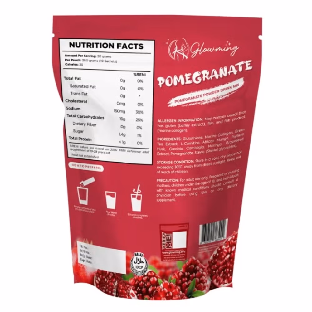 Glowming Pomegranate Powder Drink Mix with Glutathione & Collagen 10 Sachets x 20g 2
