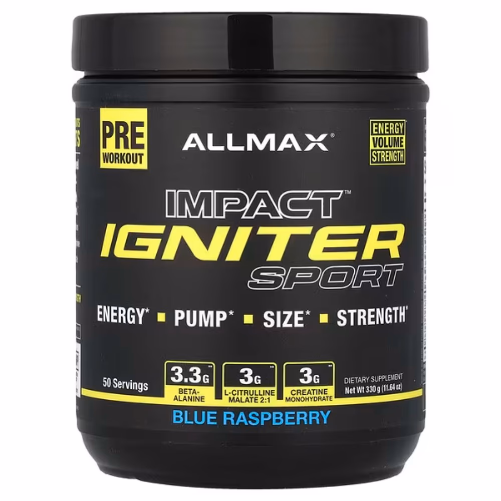 ALLMAX Impact Igniter Sport Pre Workout with Beta Alanine, L Citrulline Malate and Creatine Monohydrate, Blue Raspberry, 330 g, 50 Servings 1