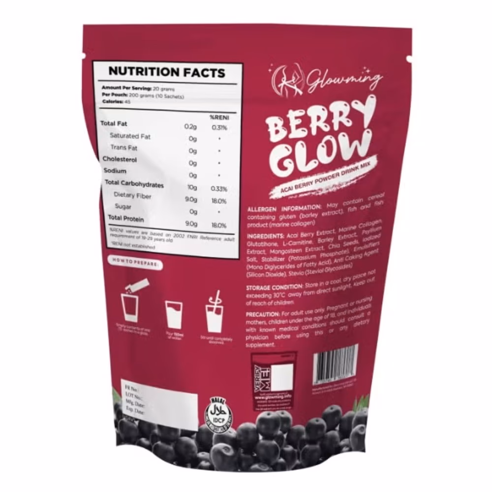 Glowming Berry Glow Acai Berry Powder Drink Mix with Glutathione & Collagen 10 Sachets x 20g 2