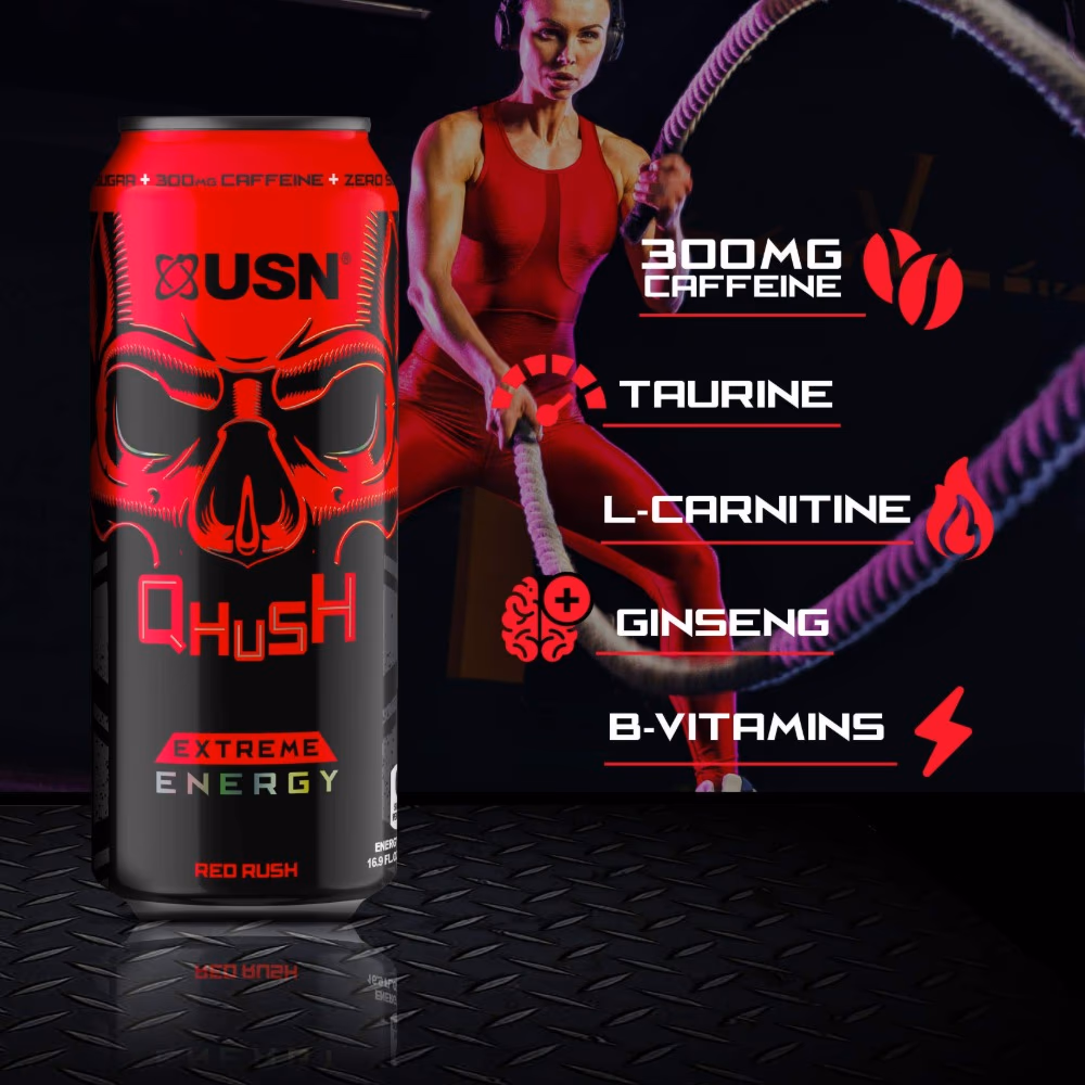 USN QHush Extreme Energy 473ml – Red Rush | 300mg Caffeine, Taurine, L-Carnitine & Ginseng | Zero Sugar, Zero Calories 3
