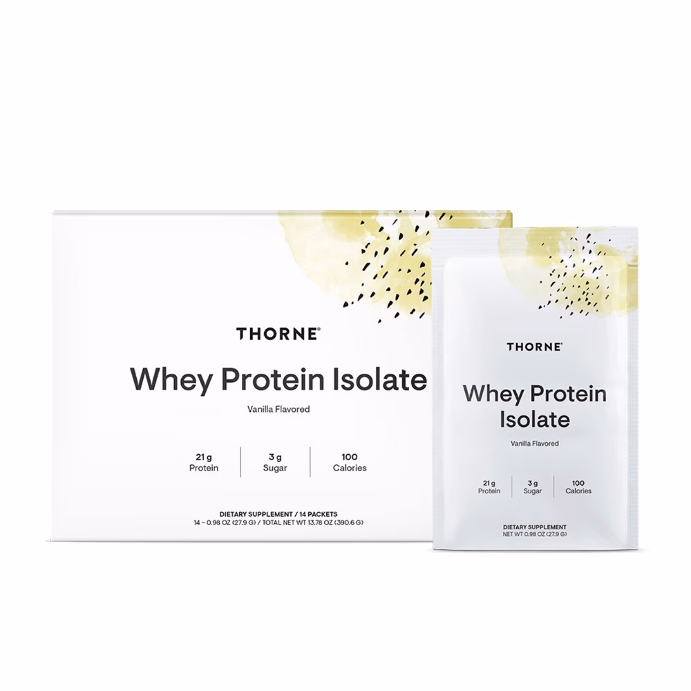 Thorne Whey Protein Isolate 14 Sachets x 28gm – Chocolate | Travel Packs, 21g Protein, Low Sugar, NSF Certified