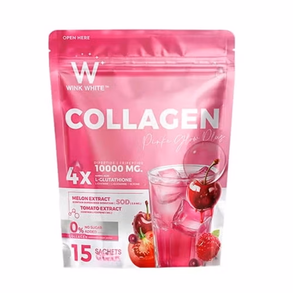 Wink White Collagen Plus White Drink Cherry Flavour 15 Sachets | 10,000mg Collagen Dipeptide Tripeptide | L Glutathione | No Sugar Added