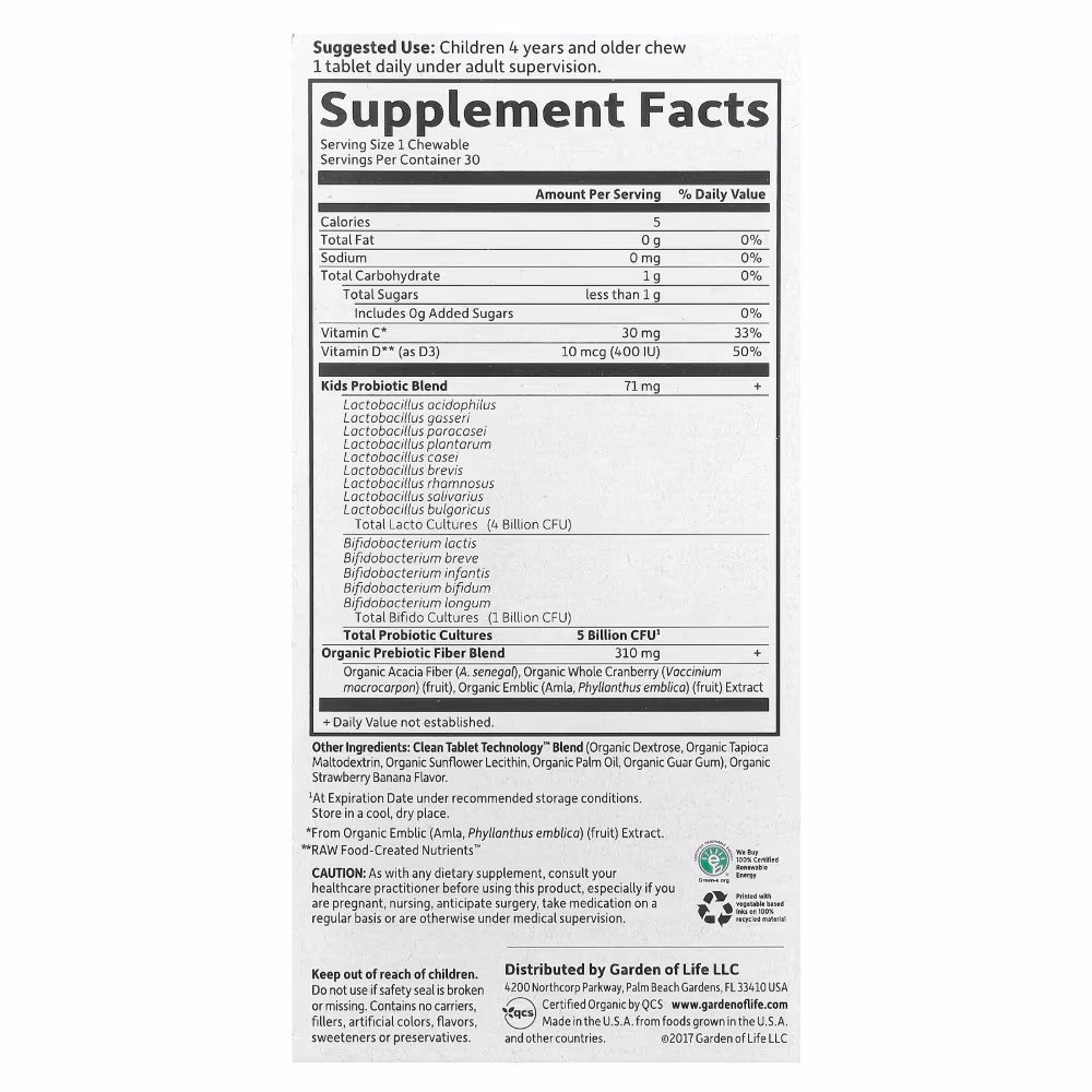Garden Of Life Dr.Formulated Probiotics Organic Kids + 5Billion Strawberry Banana Chewables 30S 2
