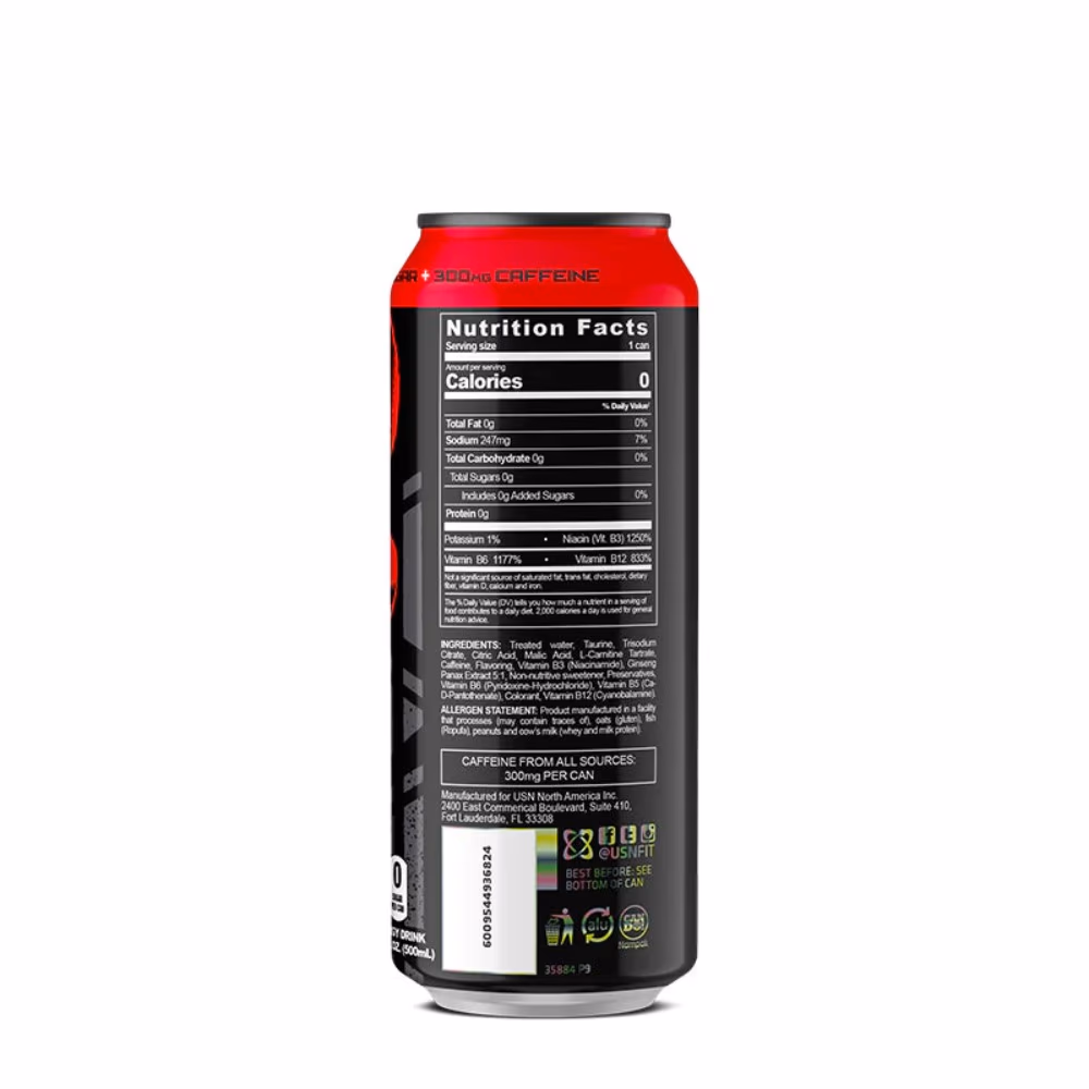 USN QHush Extreme Energy 473ml – Red Rush | 300mg Caffeine, Taurine, L-Carnitine & Ginseng | Zero Sugar, Zero Calories