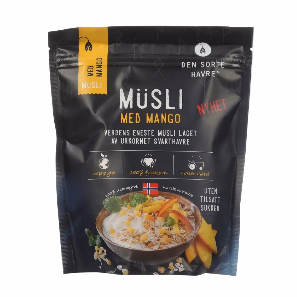 Den Sorte Havre Musli with Mango 400gm – World's Only Black Oat Muesli | No Added Sugar | 100% Wholegrain Norwegian Ancient Grain