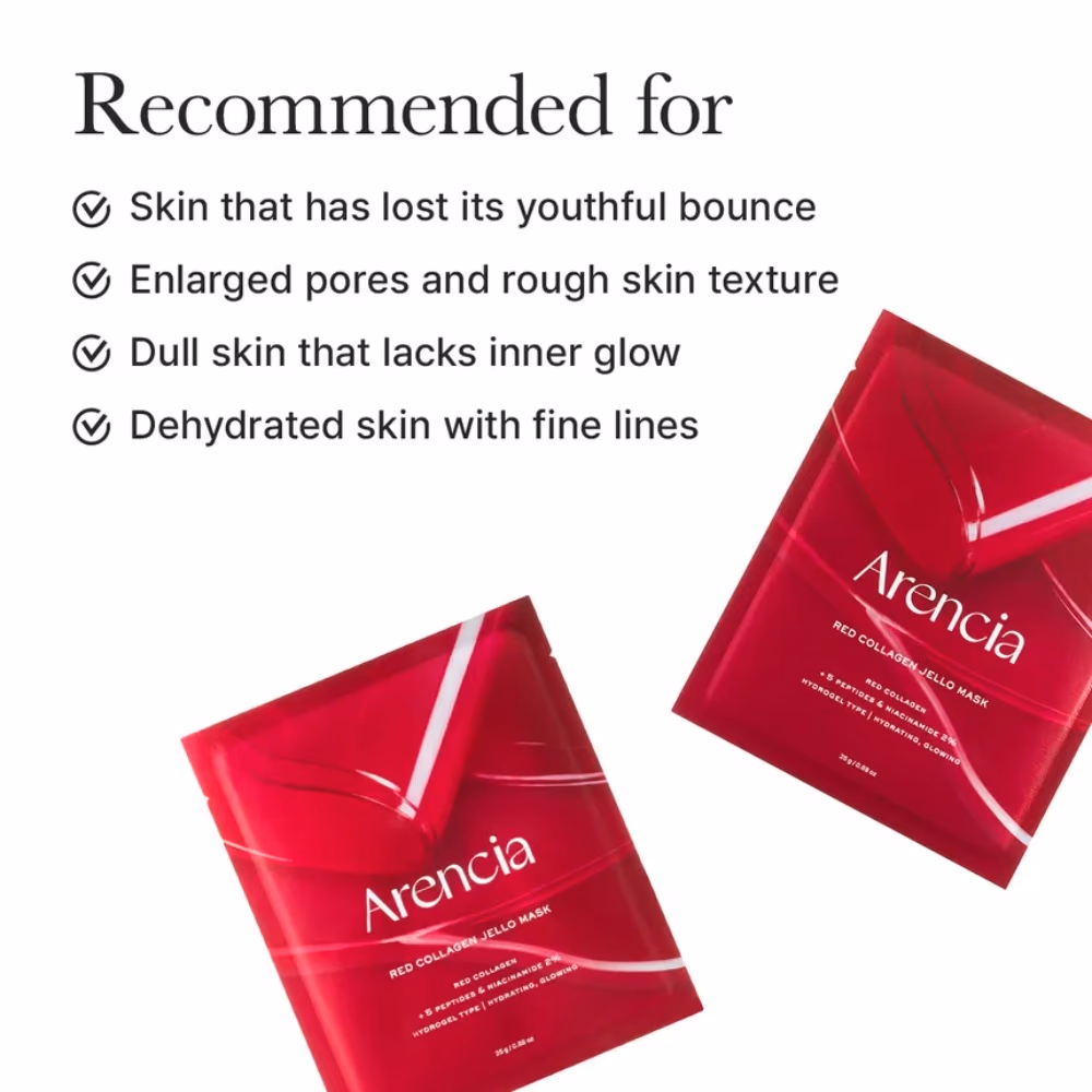 Arencia Red Collagen Jello Mask Hydrating Hydrogel Sheet Mask with 5 Peptides & 2% Niacinamide 25g 5