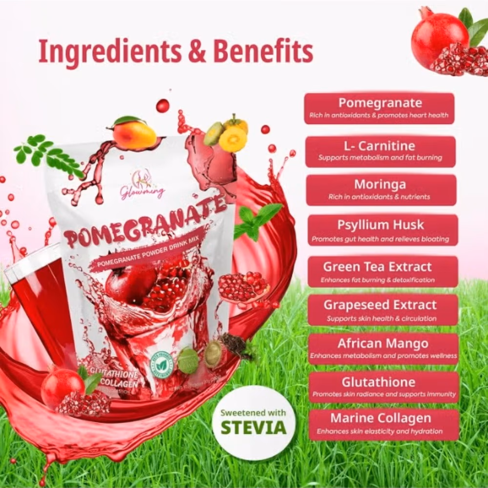 Glowming Pomegranate Powder Drink Mix with Glutathione & Collagen 10 Sachets x 20g 3