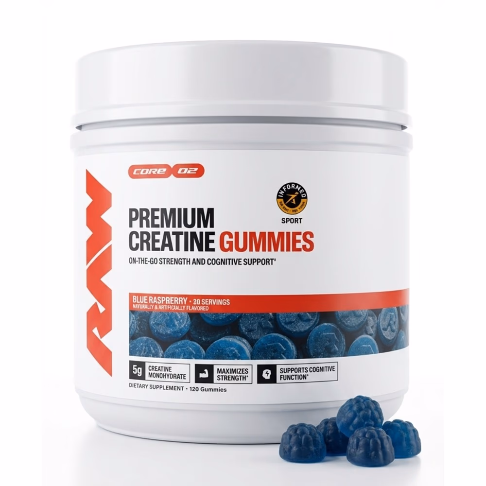Raw Nutrition Premium Creatine Gummies – Blue Raspberry | On The Go Strength and Cognitive Support | 120 Gummies (20 Servings)
