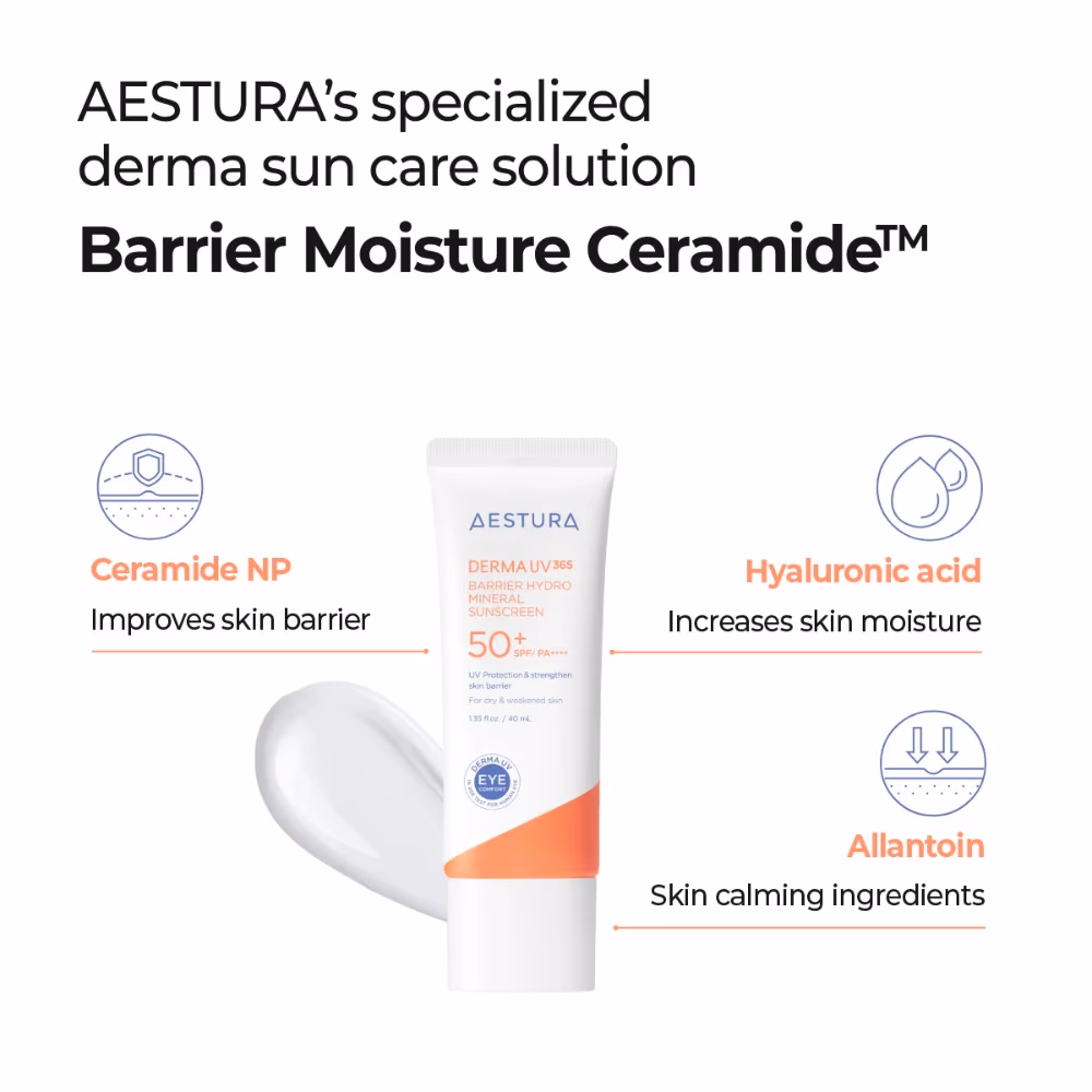 Aestura Derma UV365 Barrier Hydro Mineral Sunscreen 40ml - SPF50+ PA++++ | Ceramide & Hyaluronic Acid | For Dry & Sensitive Skin 5