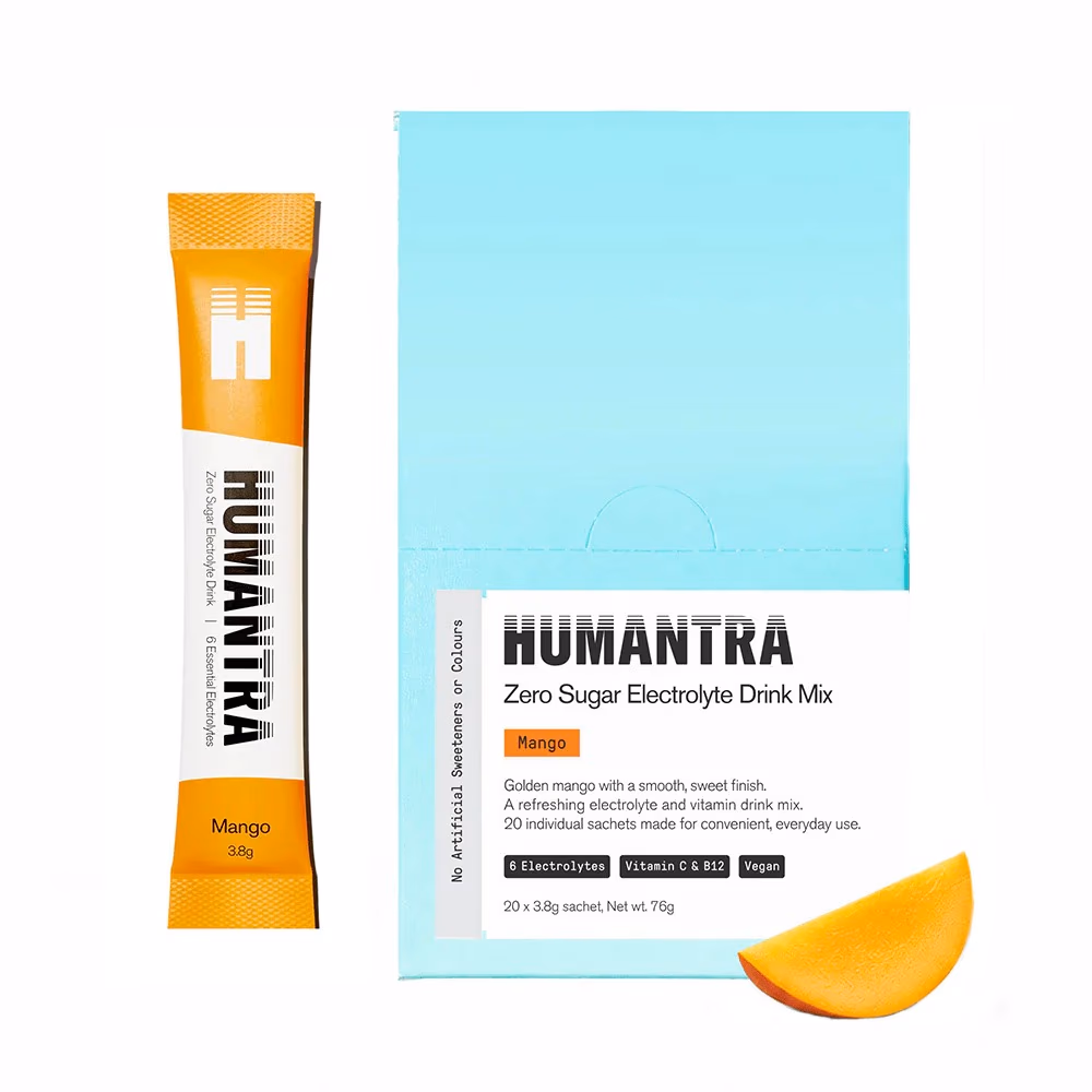 Humantra Zero Sugar Electrolyte Drink Mix 20 Sachets x 3.8g – Mango | All 6 Essential Electrolytes with Vitamin C, B12 & Zinc | Plant Based