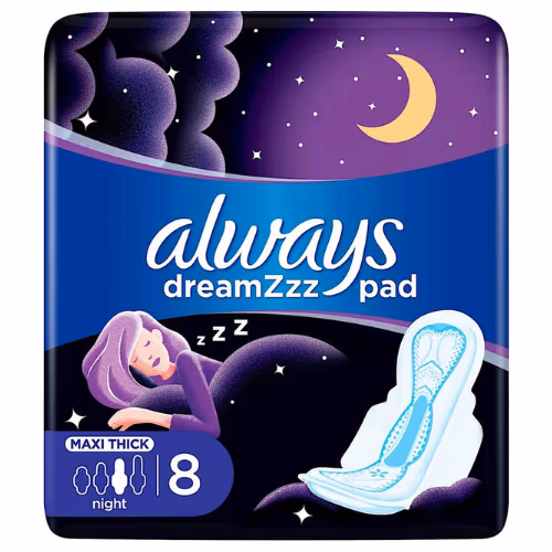Always Clean & Dry Maxi Thick Night Sanitary Pads with Wings 8s 1