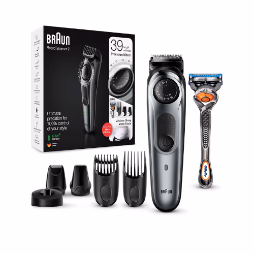 Braun Beard Trimmer 7 with 39 Length Settings Precision Wheel, Cordless & Rechargeable, with Gillette Proglide Razor, Black/Silver Metal