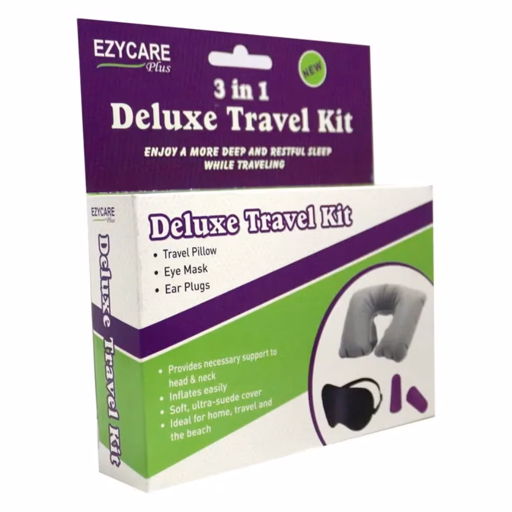 Ezycare Plus 3-in-1 Deluxe Travel Kit – Pillow, Eye Mask & Ear Plugs