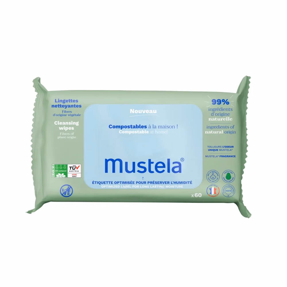 Mustela Cleansing Wipes Plant Origin 60 wipes | Gentle Baby Wipes with Plant-Based Fibers | Biodegradable & Hypoallergenic