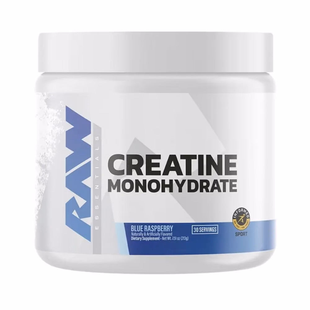 Raw Nutrition Creatine Monohydrate Powder – Blue Raspberry Flavor, 30 Servings