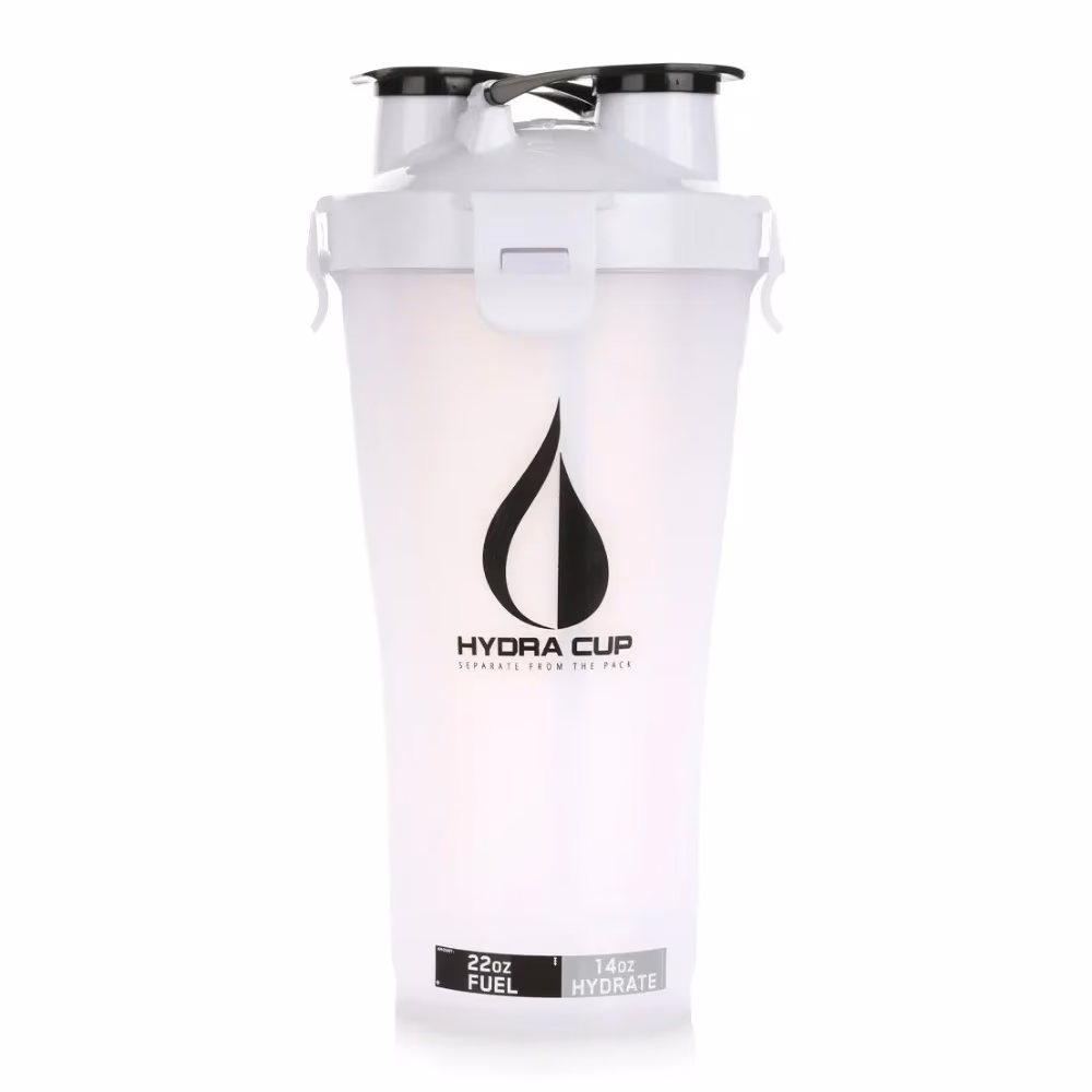 Hydra Cup Dual Shaker Bottle – “FC” White – 22oz + 14oz | 2-in-1 Protein Shaker for Pre & Post Workout Drinks