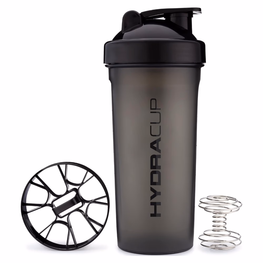 Hydra Cup Dual Shaker Bottle – “Gains You” Clear Black – 22oz + 14oz | 2-in-1 Protein Shaker for Pre & Post Workout Drinks