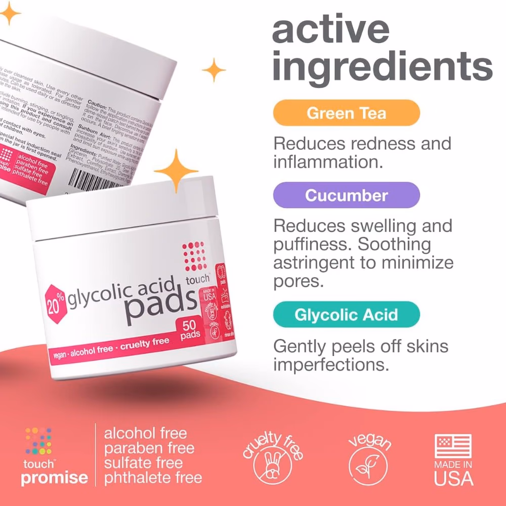 Touch 20% Glycolic Acid Pads – 50 Pads | Exfoliating Facial Treatment for Dark Spots, Acne & Anti-Aging 4