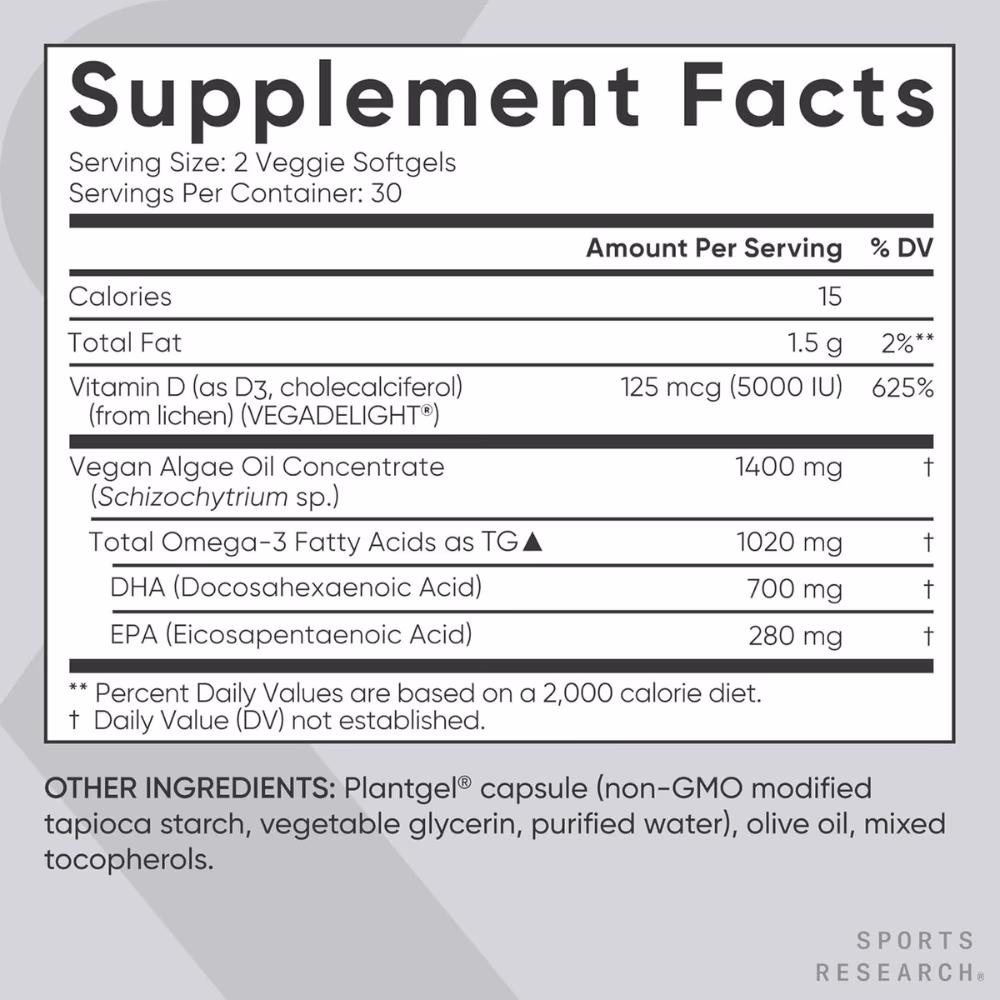 Sports Research Vegan Omega-3 + D3 Softgels (60 Count) 3