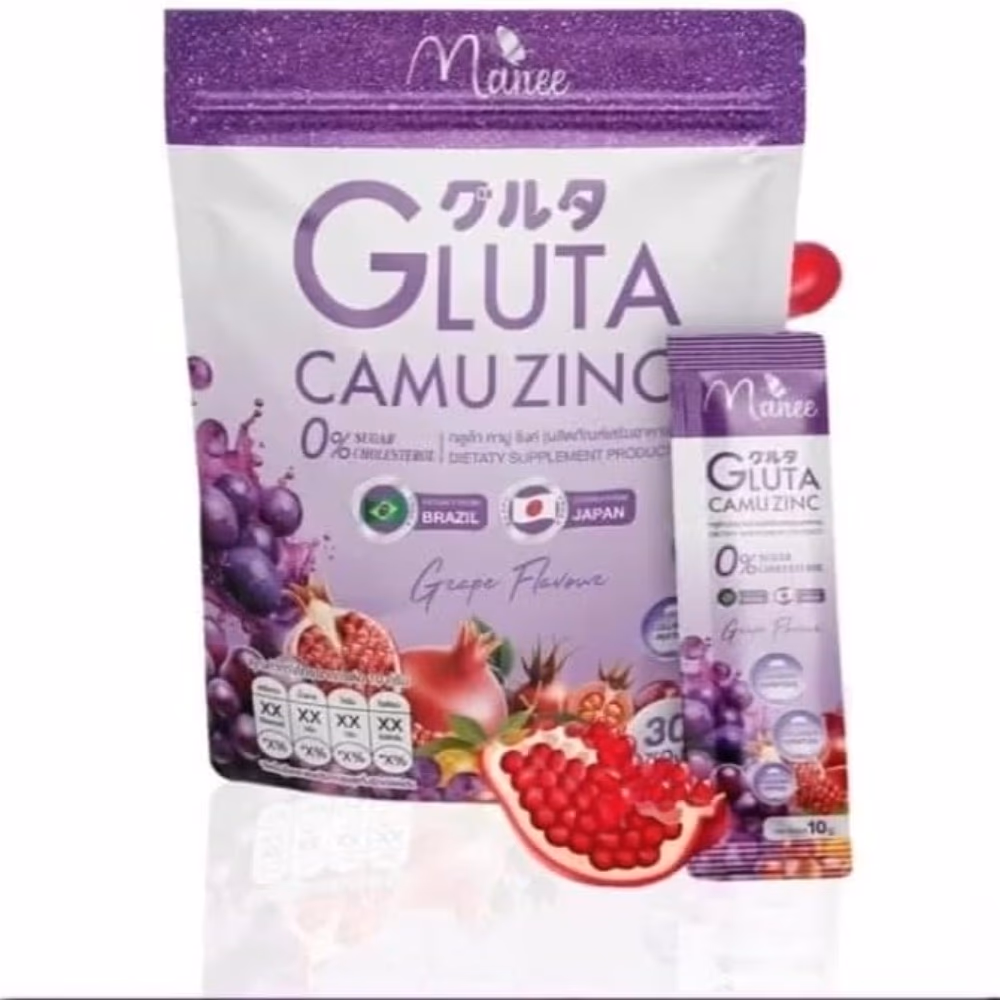 Manee Gluta Camu Zinc Grape Flavour Dietary Supplement Drink Powder 30 Sachets x 10g | Camu Camu, Zinc & Vitamin C | 0% Sugar Added 1