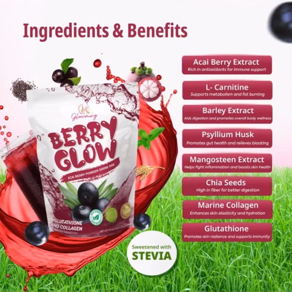 Glowming Berry Glow Acai Berry Powder Drink Mix with Glutathione & Collagen 10 Sachets x 20g 3
