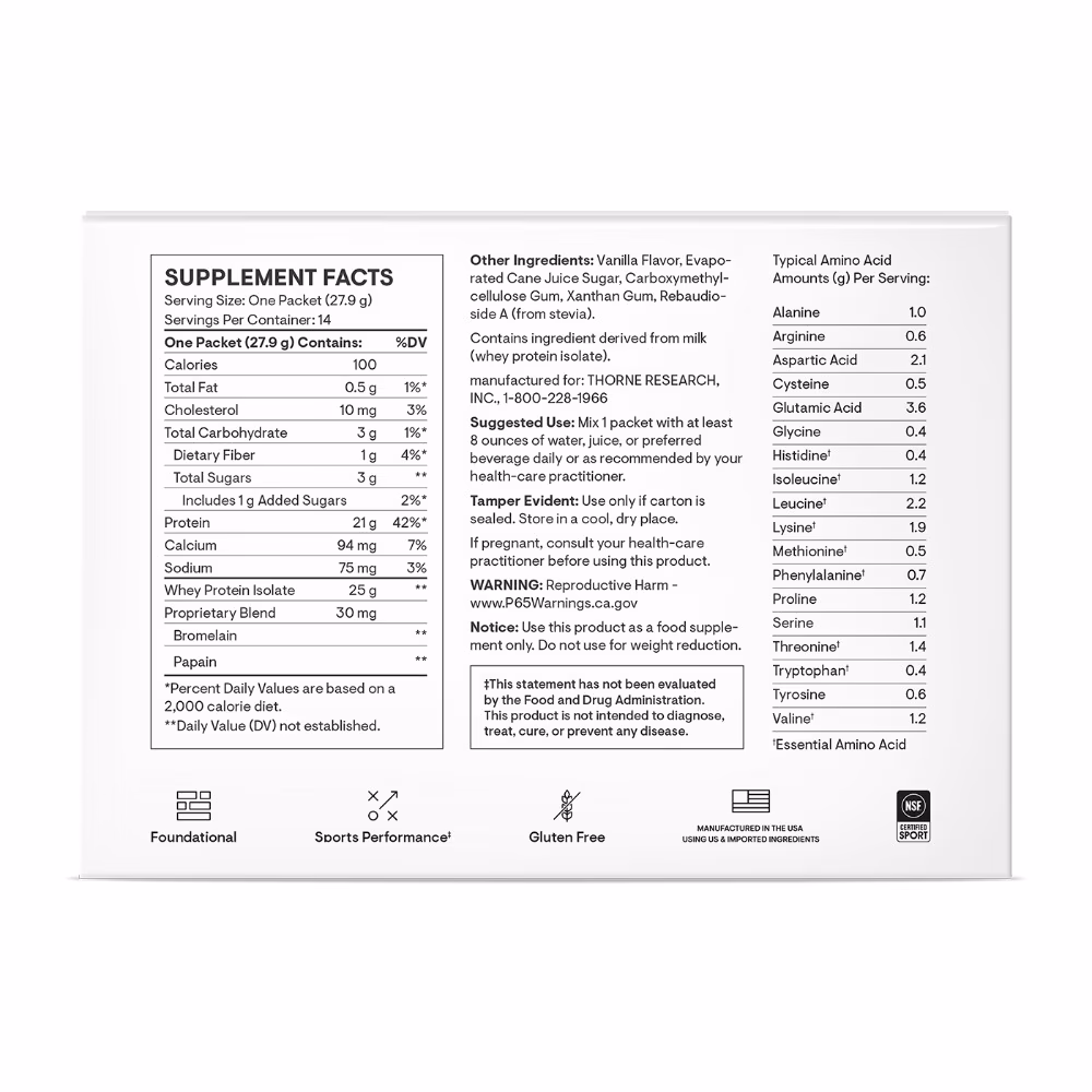 Thorne Whey Protein Isolate 14 Sachets x 28gm – Chocolate | Travel Packs, 21g Protein, Low Sugar, NSF Certified 3