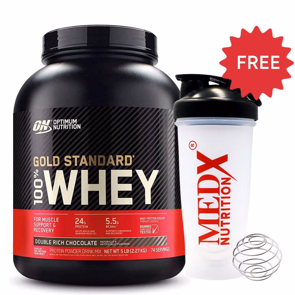 Optimum Nutrition Gold Standard 100% Whey Double Rich Chocolate 5LB with Free Blender Bottle Shaker