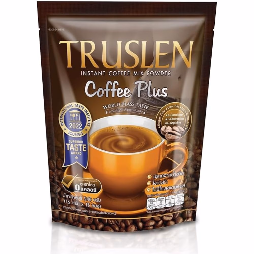Truslen Coffee Plus Instant Coffee Mix Powder – Sugar-Free, Low Fat, with L-Carnitine, L-Glutamine, and L-Arginine – 15 Sachets