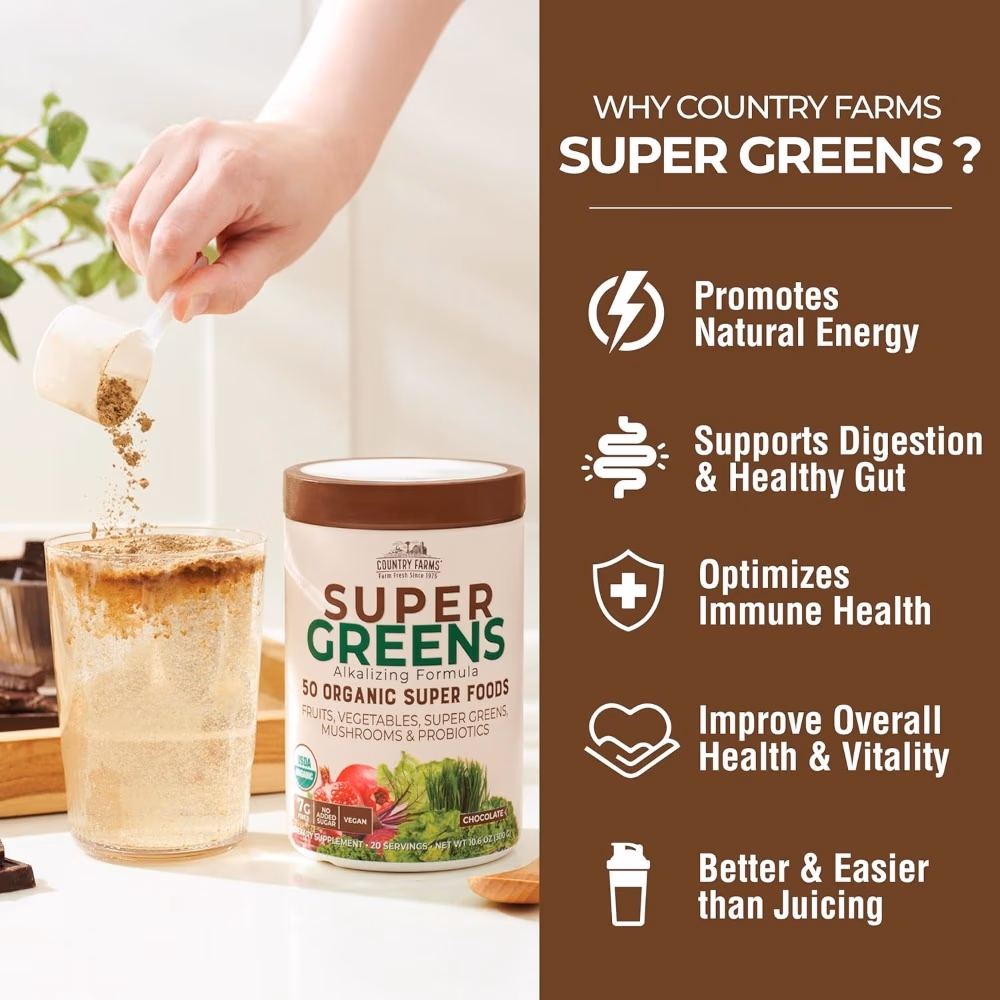 Country Farms Super Greens Superfood Powder, Chocolate Flavor, 300g 4
