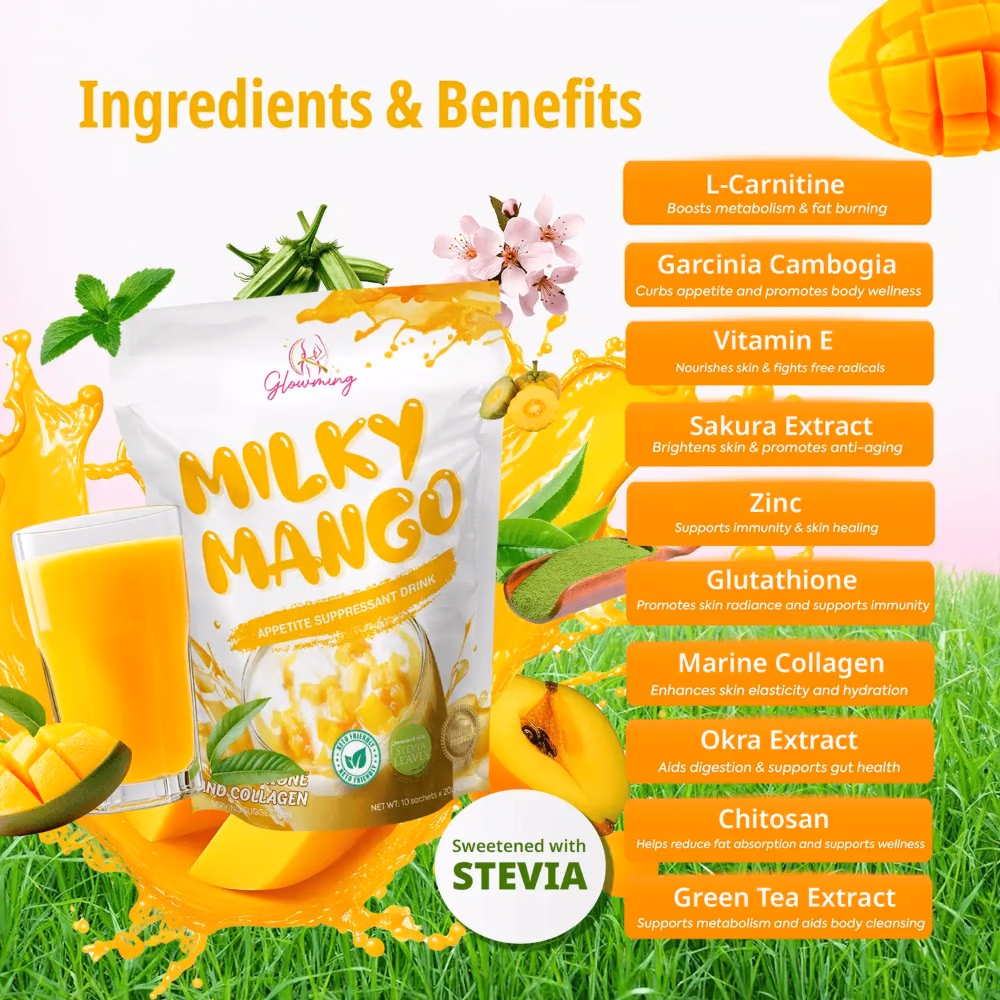 Glowming Milky Mango Glutathione & Collagen Drink Mango Flavour 10 Sachets x 20g 3