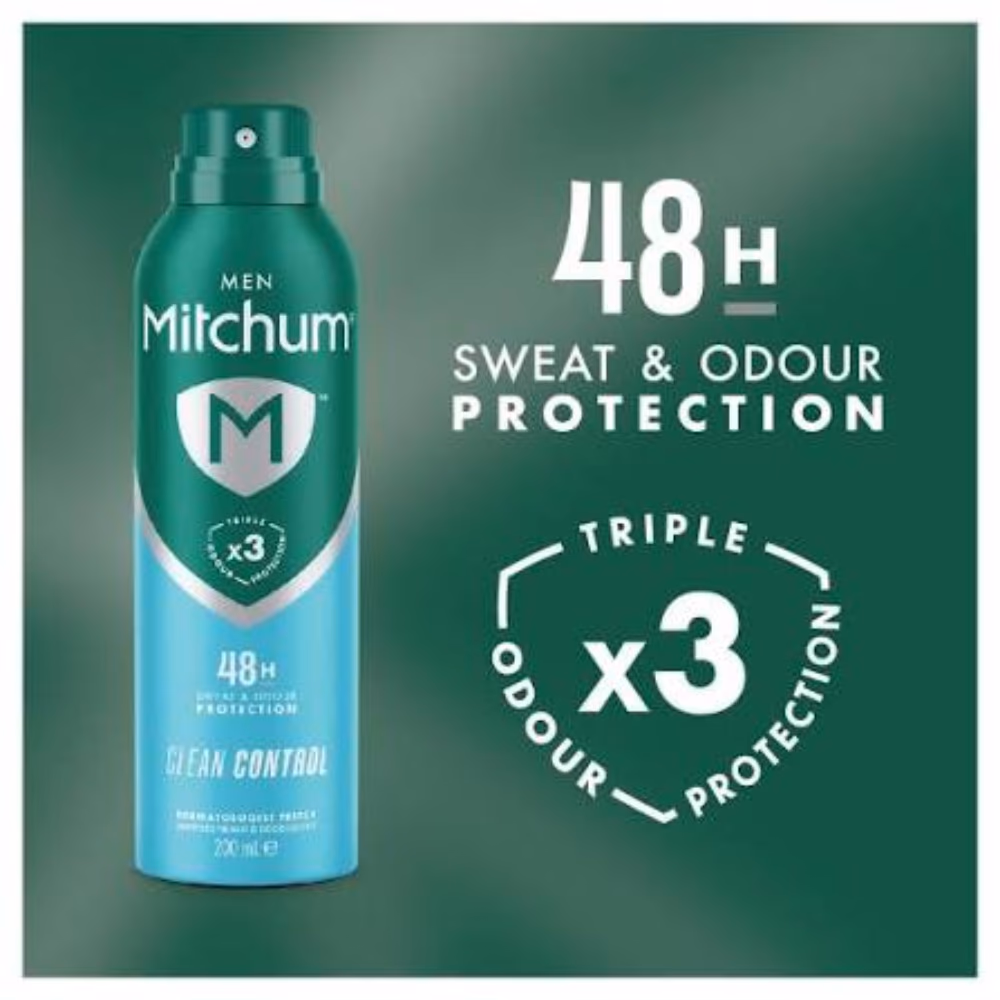 Mitchum Men's Clean Control 48HR Triple Odour Protection Antiperspirant and Deodorant Spray 200ml with Sweat and Odour Control 4