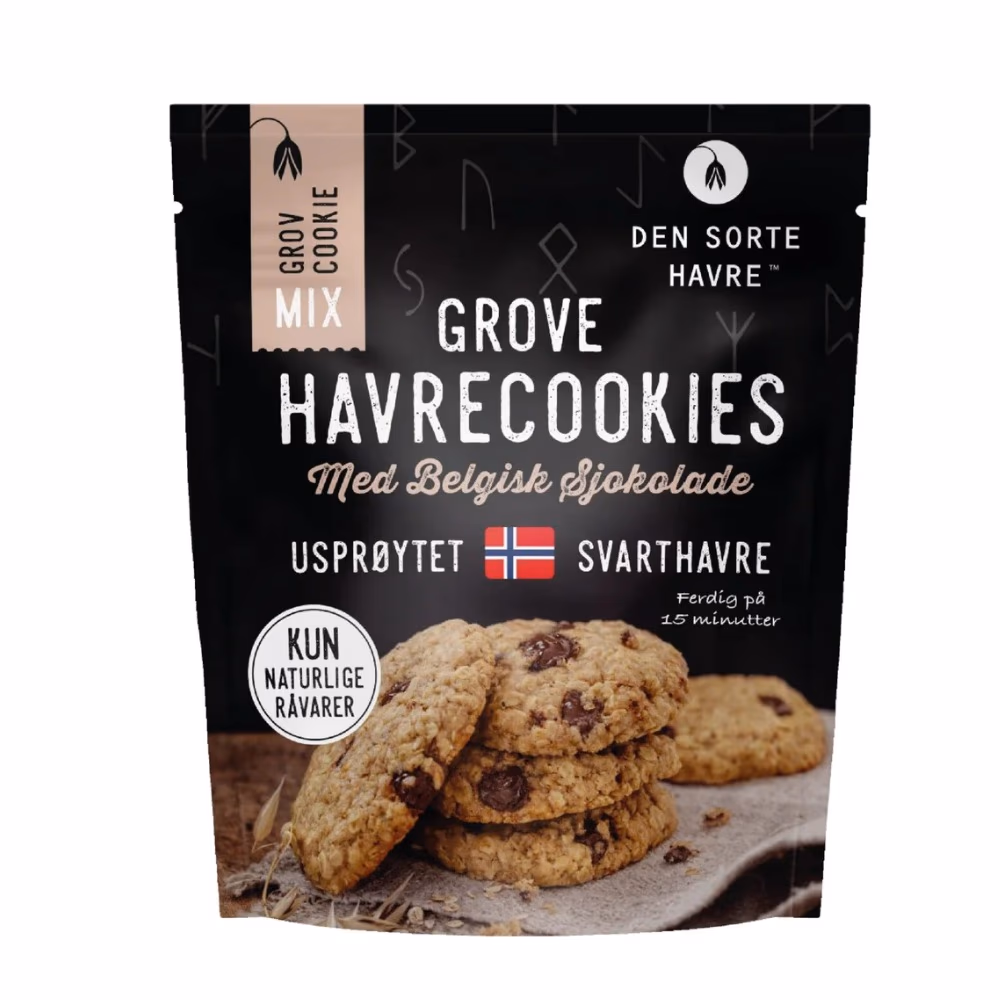 Den Sorte Havre Grove Havrecookies 300gm – Oat Cookie Baking Mix with Belgian Chocolate | Made from Ancient Norwegian Black Oat | Ready in 15 Minutes 1