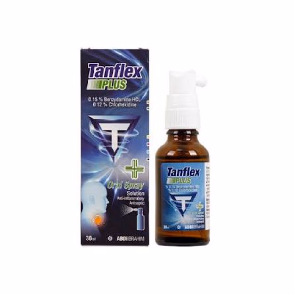Tanflex Plus Oral Spray 0.15% Benzydamine HCl and 0.12% Chlorhexidine, Anti Inflammatory and Antiseptic, 30ml
