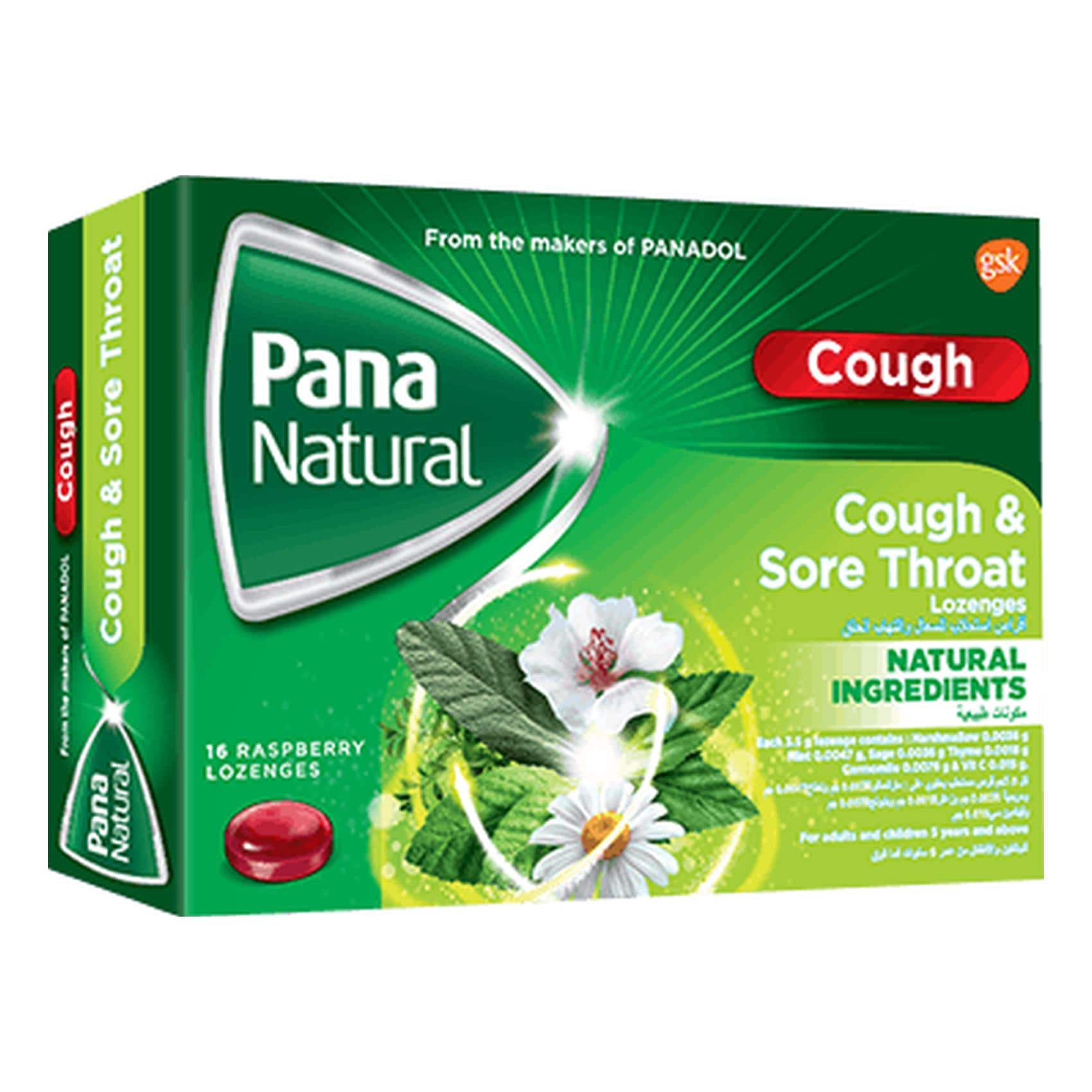 PanaNatural Cough and Sore Throat Lozenges Raspberry 16s