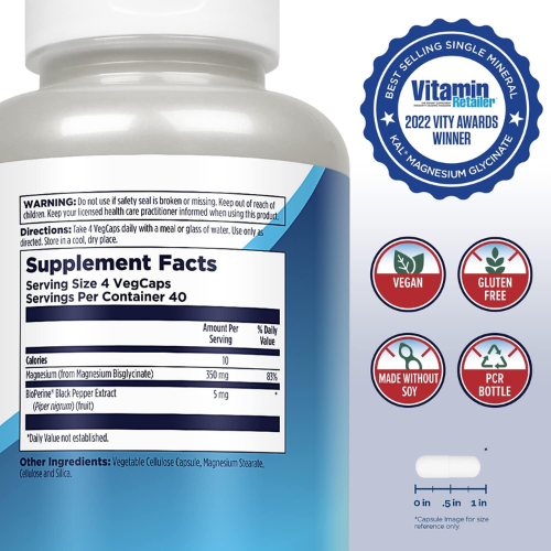 KAL Magnesium Glycinate 350mg - 160 Vegetarian Capsules 2