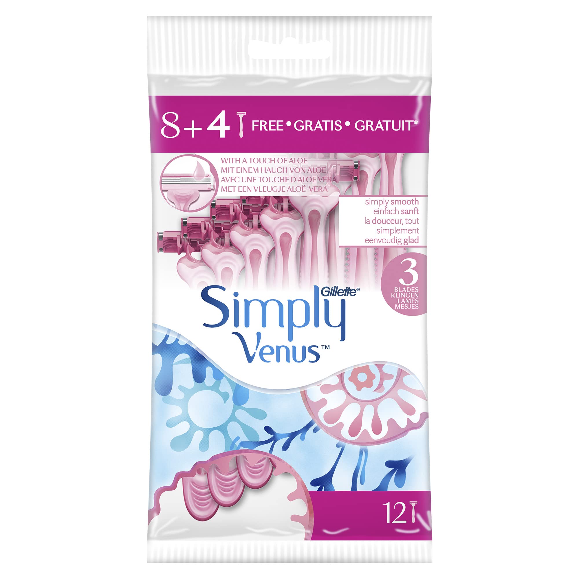 Gillette Simply Venus 3 Disposable Razors – 12 Pack (8 + 4 Free)